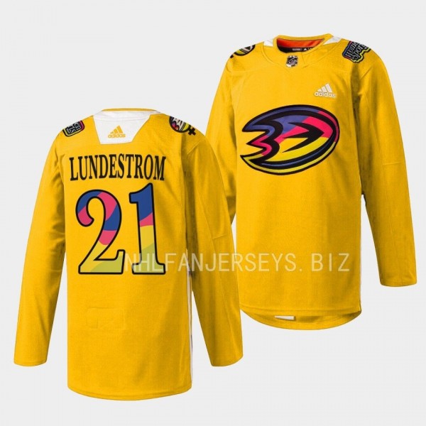 Women in Sports Night Isac Lundestrom Anaheim Ducks Yellow #21 Warmup Jersey 2023