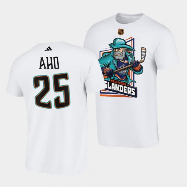 New York Islanders Reverse Retro 2.0 Sebastian Aho #25 White T-Shirt Cartoon