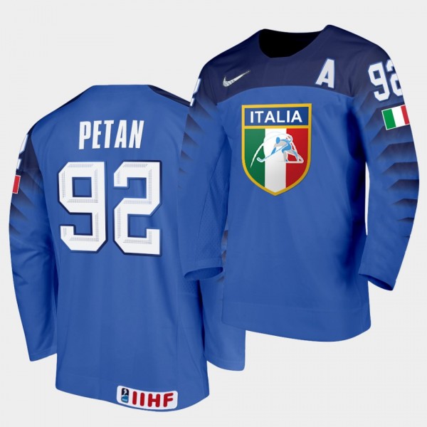 Italy Team Alex Petan 2021 IIHF World Championship #92 Away Blue Jersey