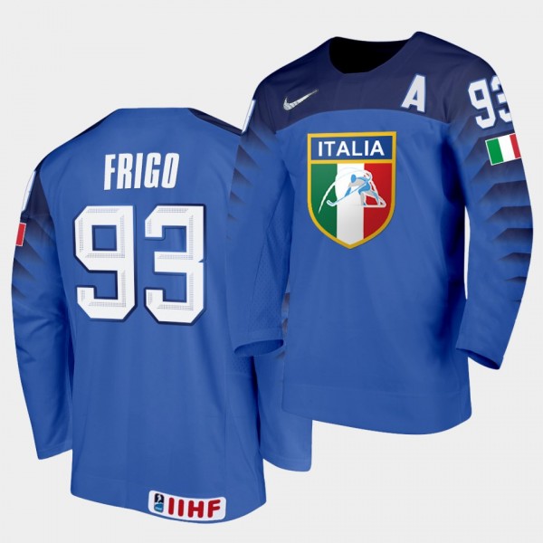 Italy Team Luca Frigo 2021 IIHF World Championship #93 Away Blue Jersey