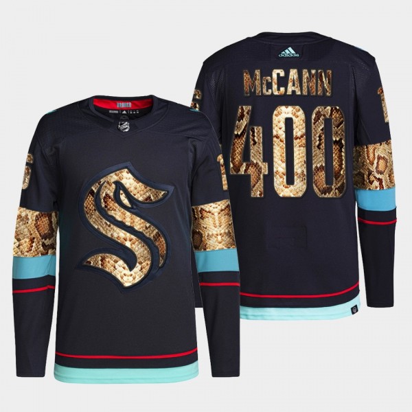Jared McCann 400 NHL Games Seattle Kraken Navy Jersey #16 Golden Python
