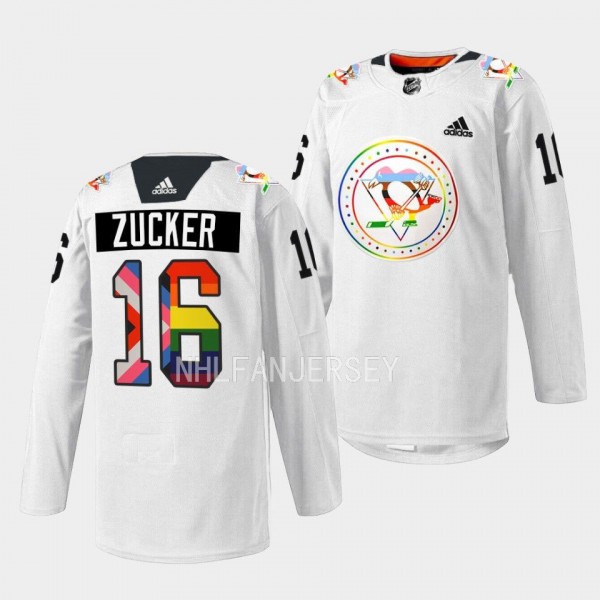 Pittsburgh Penguins 2022 Pride warmup Jason Zucker #16 White Jersey Rainbow