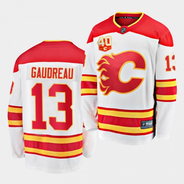 Johnny Gaudreau Calgary Flames 2020-21 Away White 40th Anniversary Men Jersey