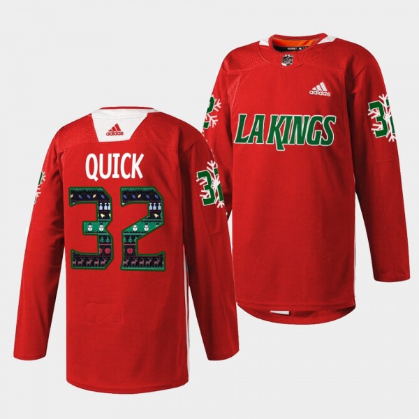Los Angeles Kings Jonathan Quick Holiday Sweater #32 Red Jersey Warm Up
