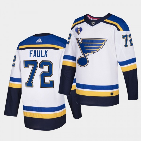 Justin Faulk #72 Blues 2021 Honor Bobby Plager No.5 Patch White Jersey