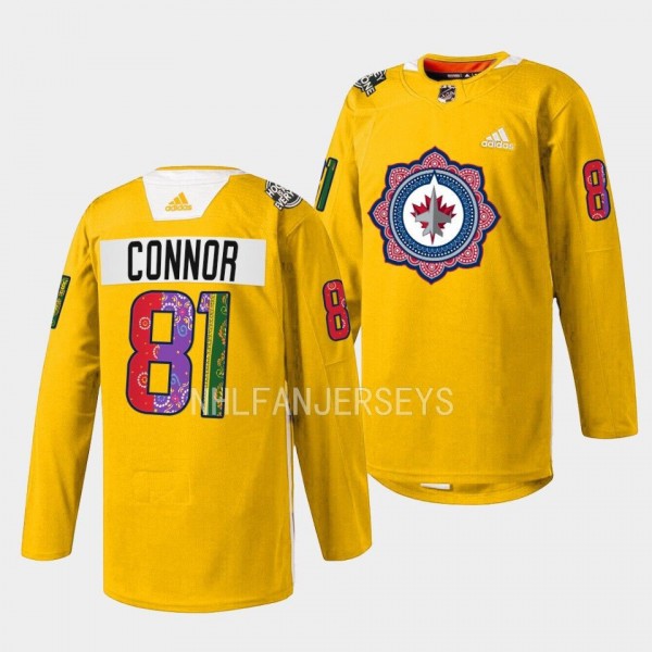 South Asian Heritage Night Kyle Connor Winnipeg Jets Gold #81 Warmup Jersey 2023