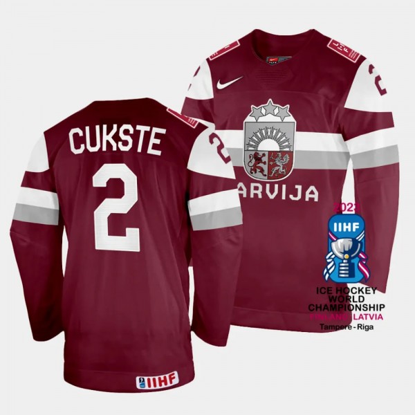Karlis Cukste Latvia Hockey 2023 IIHF World Championship Away Jersey Maroon