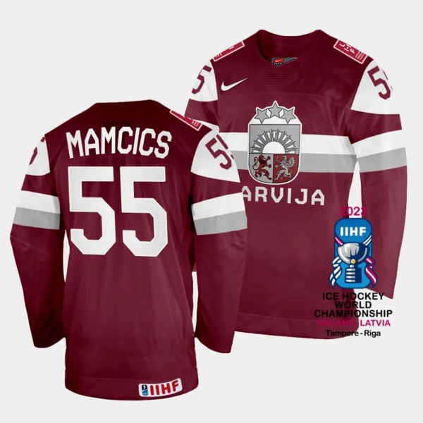 Roberts Mamcics Latvia Hockey 2023 IIHF World Championship Away Jersey Maroon