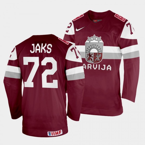 Janis Jaks 2022 IIHF World Championship Latvia Hockey #72 Maroon Jersey Away