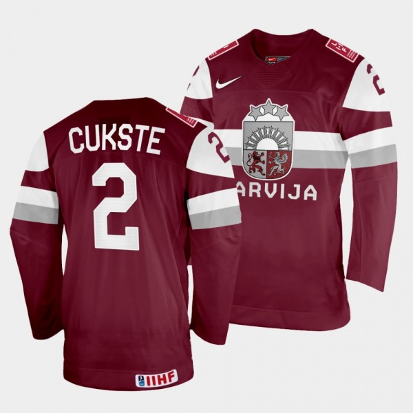 Karlis Cukste 2022 IIHF World Championship Latvia Hockey #2 Maroon Jersey Away