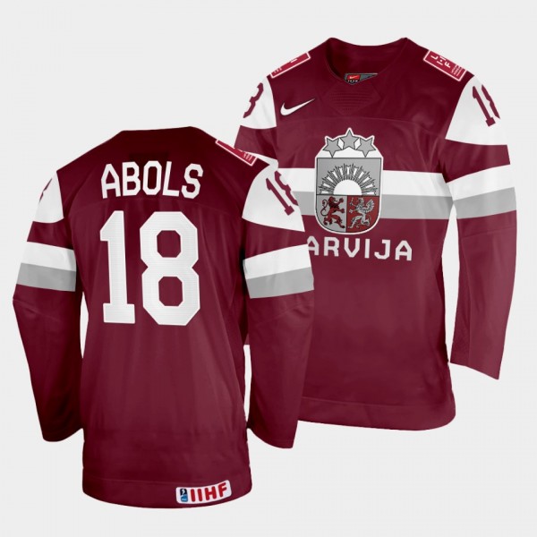 Rodrigo Abols 2022 IIHF World Championship Latvia Hockey #18 Maroon Jersey Away