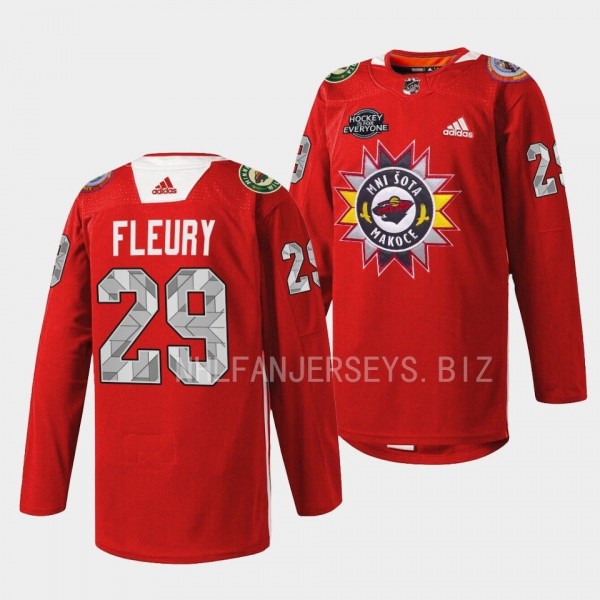 Native American Heritage Marc-Andre Fleury Minnesota Wild Red #29 Warmup Jersey 2022