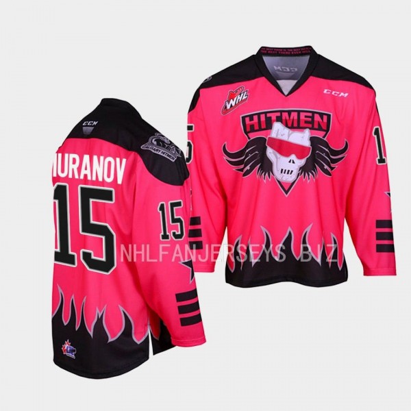 Maxim Muranov Calgary Hitmen 2023 Bret Hart themed Pink Jersey #15 Three count