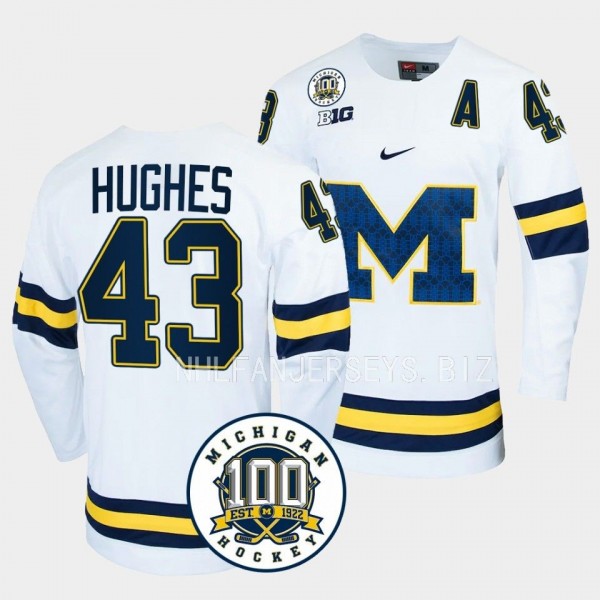 Michigan Wolverines Luke Hughes 100th Anniversary White Hockey Jersey
