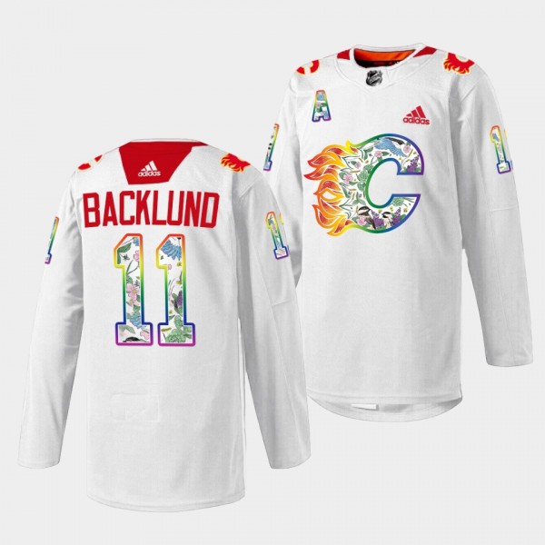 Calgary Flames 2023 Pride Night Mikael Backlund #11 White Jersey Floral