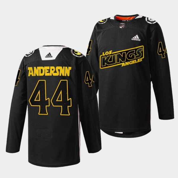Los Angeles Kings Mikey Anderson Star Wars Night #44 Black Jersey Warmup