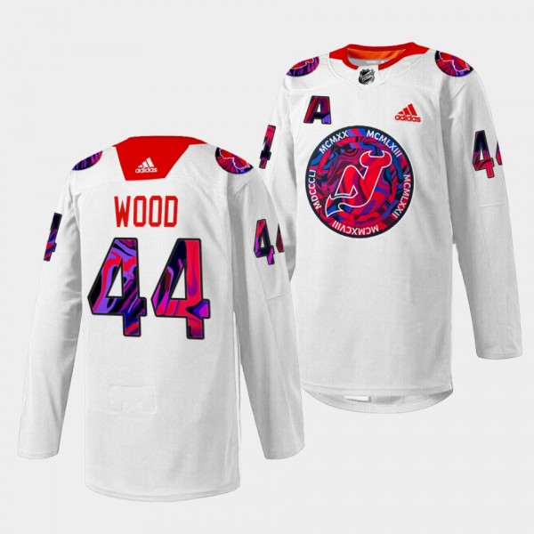 New Jersey Devils Miles Wood Gender Equality Night #44 White Jersey Warm-up