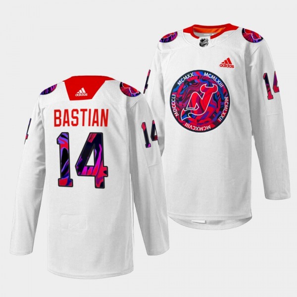 New Jersey Devils Nathan Bastian Gender Equality Night #14 White Jersey Warm-up