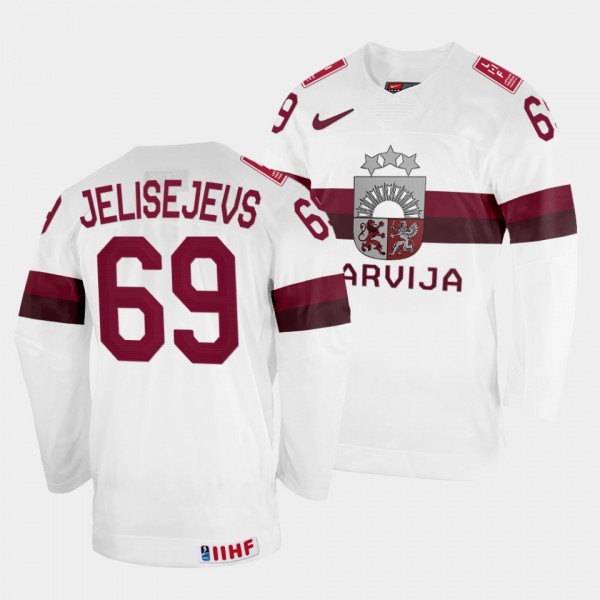 Latvijas 2022 IIHF World Championship Nikolajs Jelisejevs #69 White Jersey Home