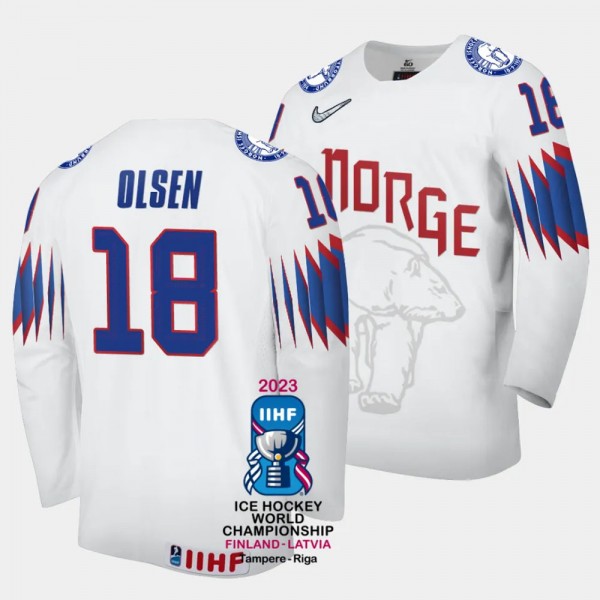 Thomas Olsen 2023 IIHF World Championship Norway #18 White Home Jersey Men