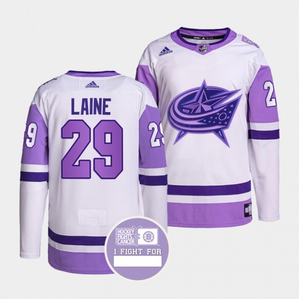 Columbus Blue Jackets Patrik Laine Hockey Fights Cancer Jersey #29 Purple White Authentic Pro