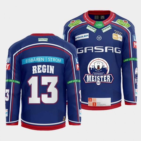 Eisbaren Berlin Peter Regin #13 Jersey Men's Blue Home 2022 Hockey Shirt