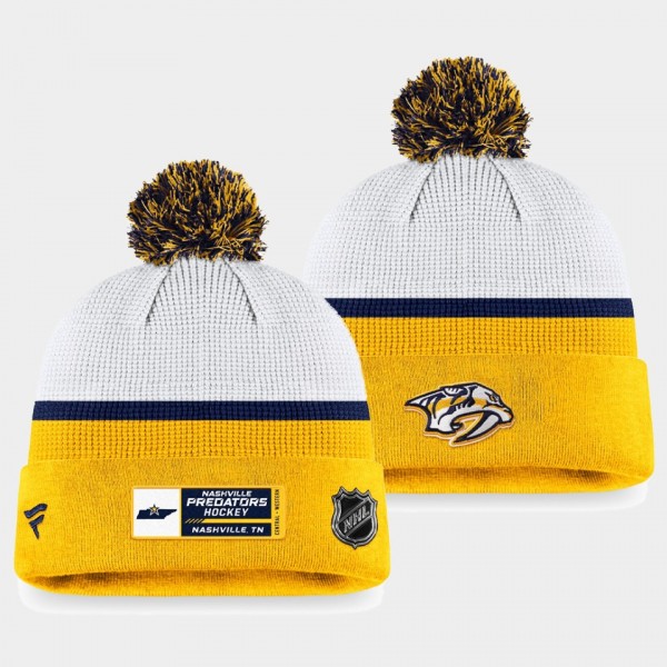 Authentic Pro Draft Nashville Predators White Gold Cuffed with Pom Knit Hat