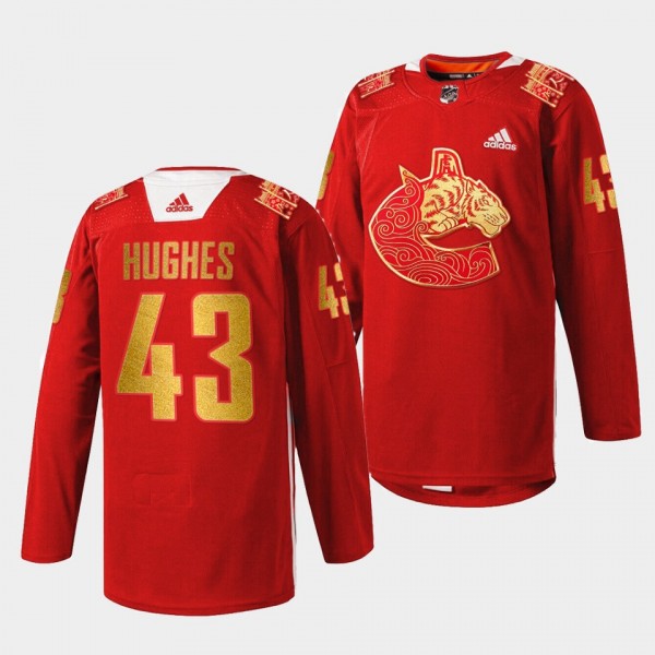 Quinn Hughes Vancouver Canucks 2022 Lunar New Year Red Tiger Warmup Jersey