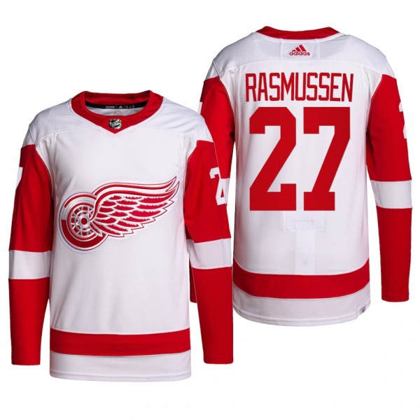 2022 Detroit Red Wings Michael Rasmussen Away Jersey White Primegreen Authentic Pro Uniform