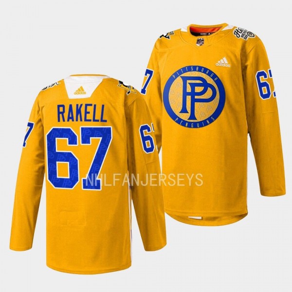 Pennies-inspired Rickard Rakell Pittsburgh Penguins Yellow #67 Special warmup Jersey 2023