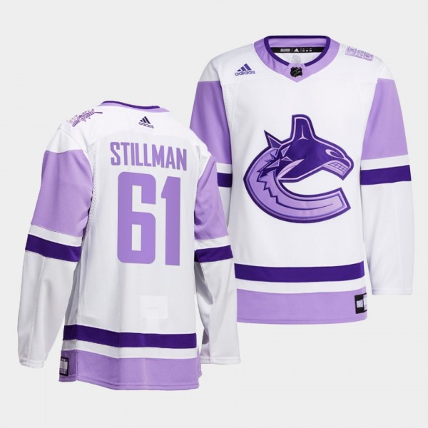 Vancouver Canucks Riley Stillman Hockey Fights Cancer #61 Purple Jersey Warm Up