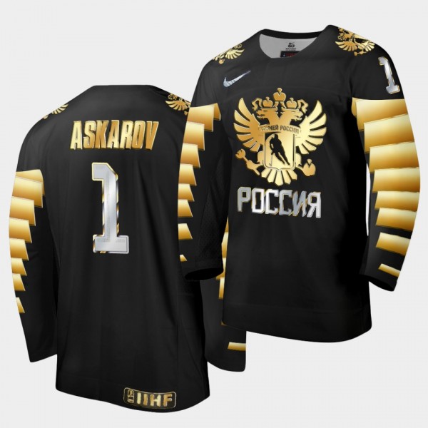 Yaroslav Askarov Russia 2021 IIHF World Junior Championship Jersey Black Golden Limited Edition