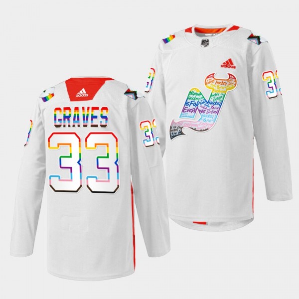 Ryan Graves New Jersey Devils LGBTQ Pride Night 2022 White Warmup Jersey