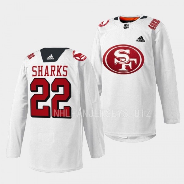 San Jose Sharks 2022 49er Mash-Up #22 White Jersey Specialty Warm-Up