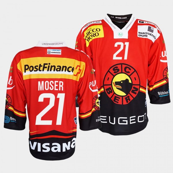 SC Bern Simon Moser #21 Jersey Men's Red Ice Hockey 2022 Club Shirt