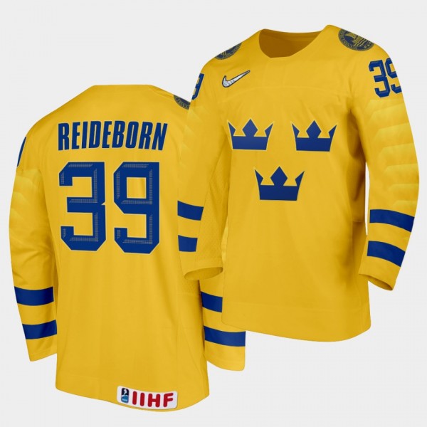 Sweden Team Adam Reideborn 2021 IIHF World Championship #39 Home Yellow Jersey