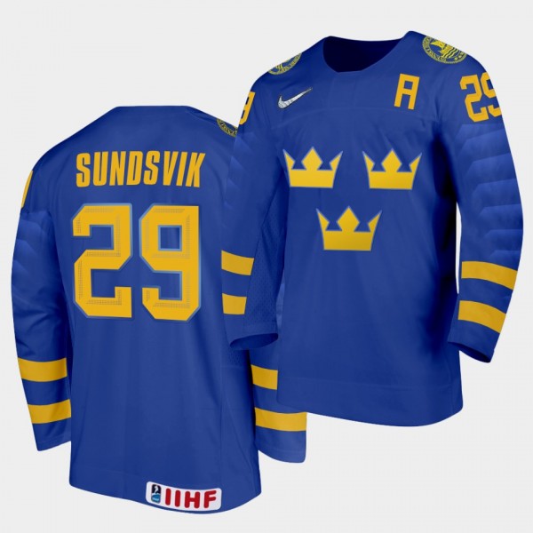 Albin Sundsvik Sweden Team 2021 IIHF World Junior Championship Jersey Away Blue