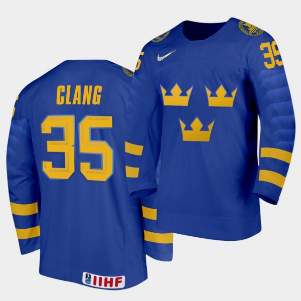 Calle Clang Sweden Team 2021 IIHF World Junior Championship Jersey Away Blue