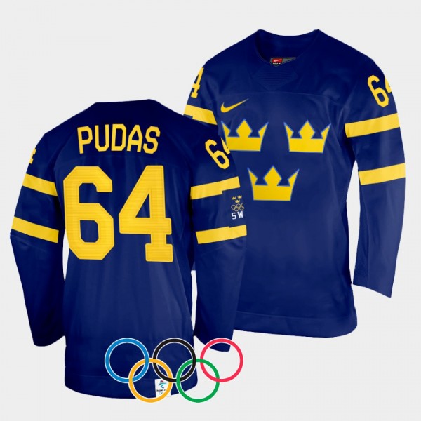 Jonathan Pudas Sweden Hockey 2022 Winter Olympics Away Jersey Navy