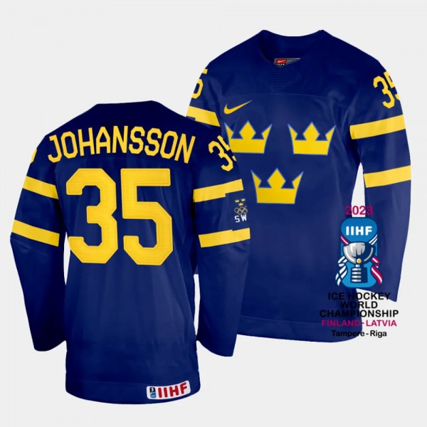 Jacob Johansson 2023 IIHF World Championship Sweden #35 Navy Away Jersey Men