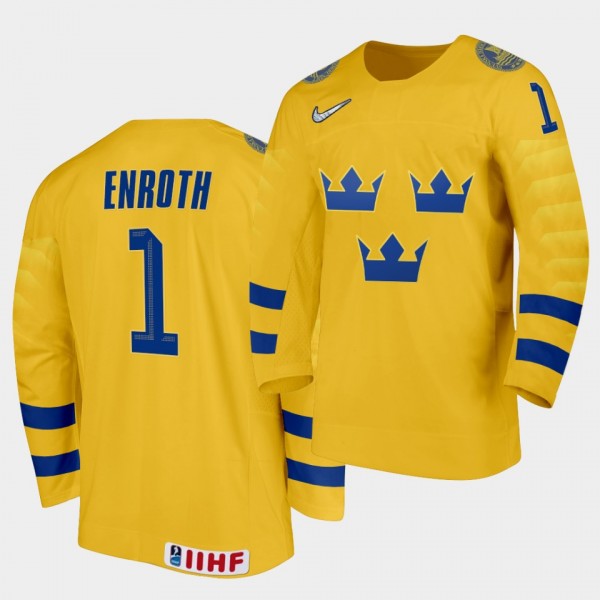 Jhonas Enroth Sweden 2020 IIHF World Ice Hockey #1 Home Yellow Jersey