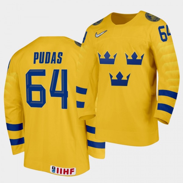 Sweden Team Jonathan Pudas 2021 IIHF World Championship #64 Home Yellow Jersey