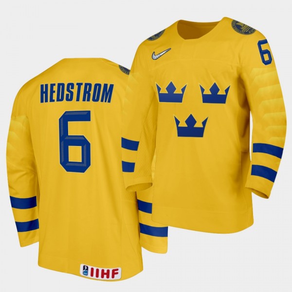 Ludvig Hedstrom Sweden Team 2021 IIHF World Junior Championship Jersey Home Gold