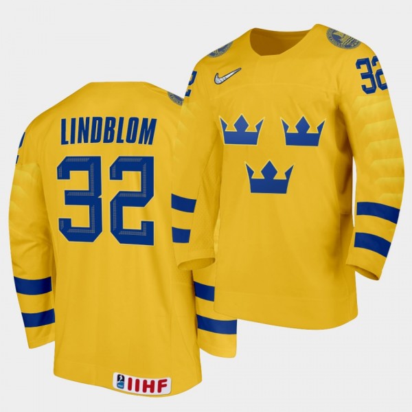 Oskar Lindblom Sweden 2020 IIHF World Ice Hockey #32 Home Yellow Jersey