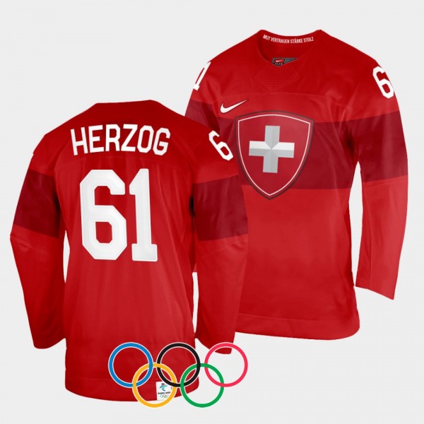 Switzerland Hockey 2022 Winter Olympics Fabrice Herzog #61 Red Jersey Home