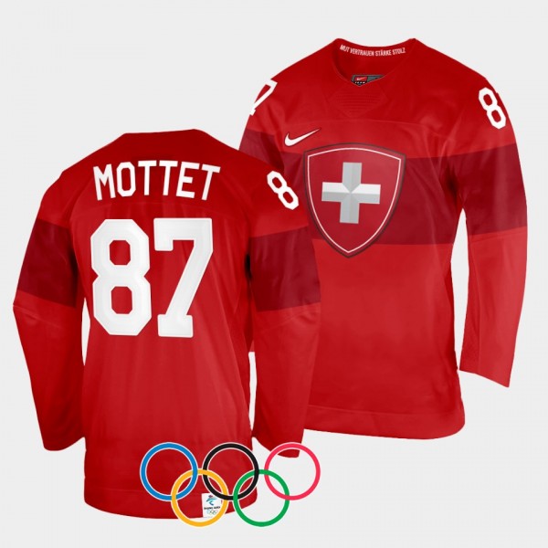 Switzerland Hockey 2022 Winter Olympics Killian Mottet #87 Red Jersey Home