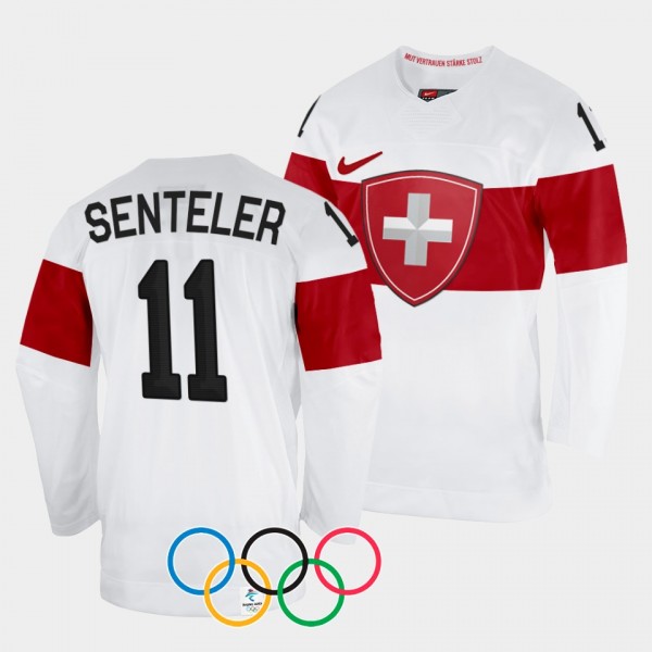 Sven Senteler Switzerland Hockey 2022 Winter Olympics #11 White Jersey Away