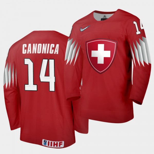 Lorenzo Canonica Switzerland 2021 IIHF World Junior Championship Jersey Away Red