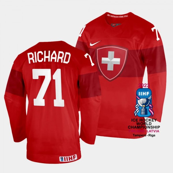 Tanner Richard 2023 IIHF World Championship Switzerland #71 Red Away Jersey Men