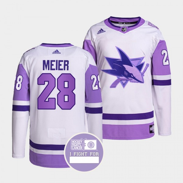 San Jose Sharks Timo Meier Hockey Fights Cancer Jersey #28 White Purple Primegreen